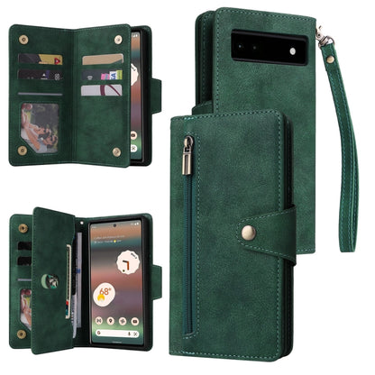 For Google Pixel 6a Rivet Buckle 9 Cards Three Fold Leather Phone Case(Green) - Google Cases by PMC Jewellery | Online Shopping South Africa | PMC Jewellery | Buy Now Pay Later Mobicred