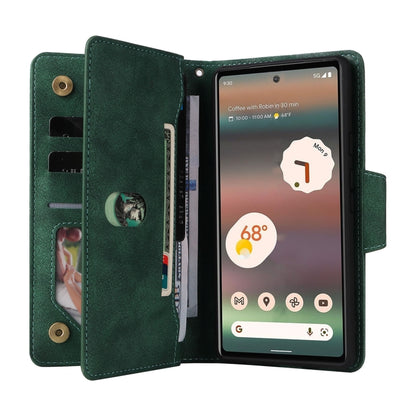 For Google Pixel 6a Rivet Buckle 9 Cards Three Fold Leather Phone Case(Green) - Google Cases by PMC Jewellery | Online Shopping South Africa | PMC Jewellery | Buy Now Pay Later Mobicred