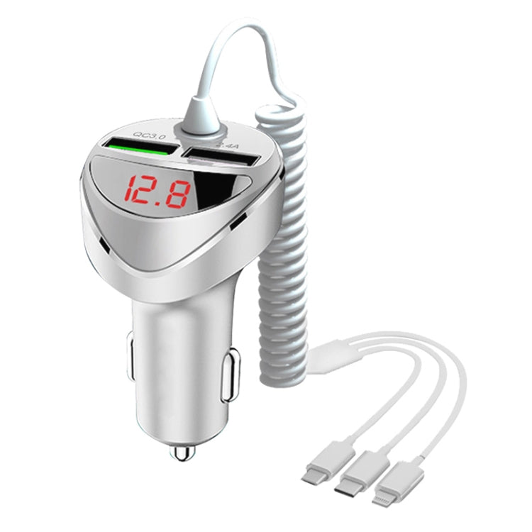 C68 LED Digital Display QC3.0 Fast Car Charger 3 in 1 with Spring Cable (Silver) - Car Charger by PMC TechLife | Online Shopping South Africa | PMC TechLife | Buy Now Pay Later Mobicred