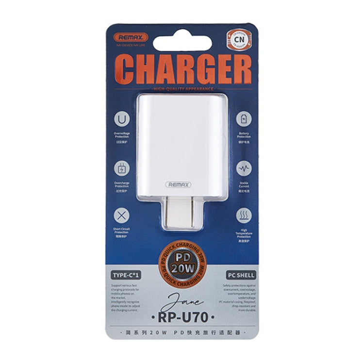 REMAX RP-U70 Jane Series 20W USB-C/Type-C PD Fast Charger, Specification:US Plug(White) - USB Charger by REMAX | Online Shopping South Africa | PMC Jewellery | Buy Now Pay Later Mobicred