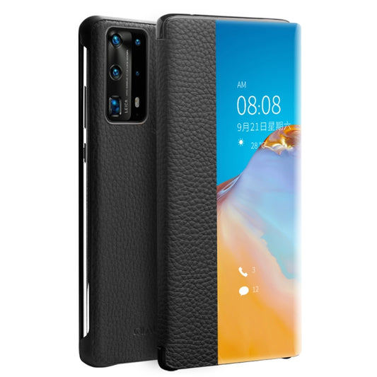 For Huawei P40 QIALINO Litchi Texture Side Window View Leather Phone Case(Black) - Huawei Cases by QIALINO | Online Shopping South Africa | PMC Jewellery | Buy Now Pay Later Mobicred