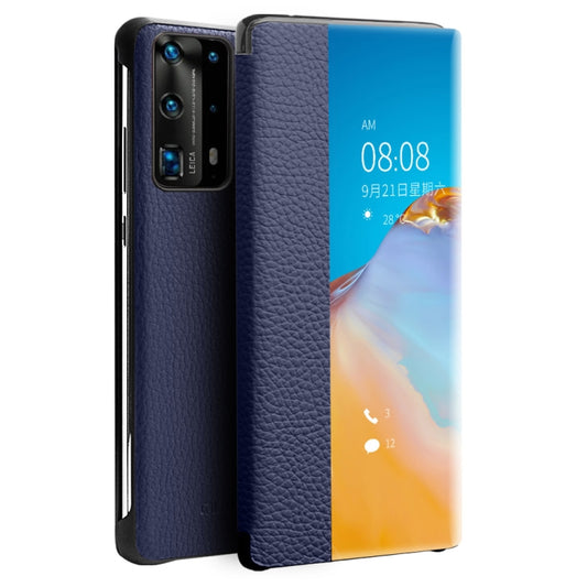 For Huawei P40 QIALINO Litchi Texture Side Window View Leather Phone Case(Blue) - Huawei Cases by QIALINO | Online Shopping South Africa | PMC Jewellery | Buy Now Pay Later Mobicred