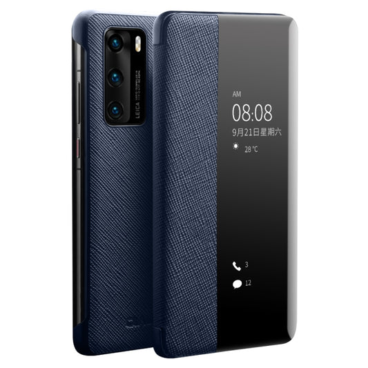 For Huawei P40 QIALINO Puda Texture Side Window View Leather Phone Case(Blue) - Huawei Cases by QIALINO | Online Shopping South Africa | PMC Jewellery | Buy Now Pay Later Mobicred