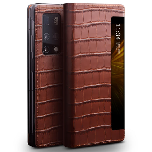 For Huawei Mate X2 QIALINO Crocodile Pattern Side Window View Genuine Leather Phone Case(Brown) - Huawei Cases by QIALINO | Online Shopping South Africa | PMC Jewellery | Buy Now Pay Later Mobicred