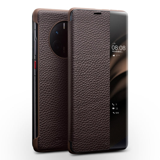 For Huawei Mate 50 QIALINO Genuine Leather Side Window View Smart Phone Case(Brown) - Huawei Cases by QIALINO | Online Shopping South Africa | PMC Jewellery | Buy Now Pay Later Mobicred