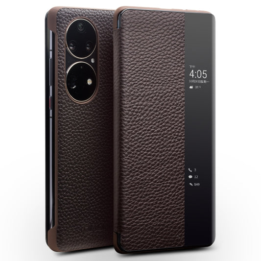 For Huawei P50 QIALINO Genuine Leather Side Window View Smart Phone Case(Brown) - Huawei Cases by QIALINO | Online Shopping South Africa | PMC Jewellery | Buy Now Pay Later Mobicred