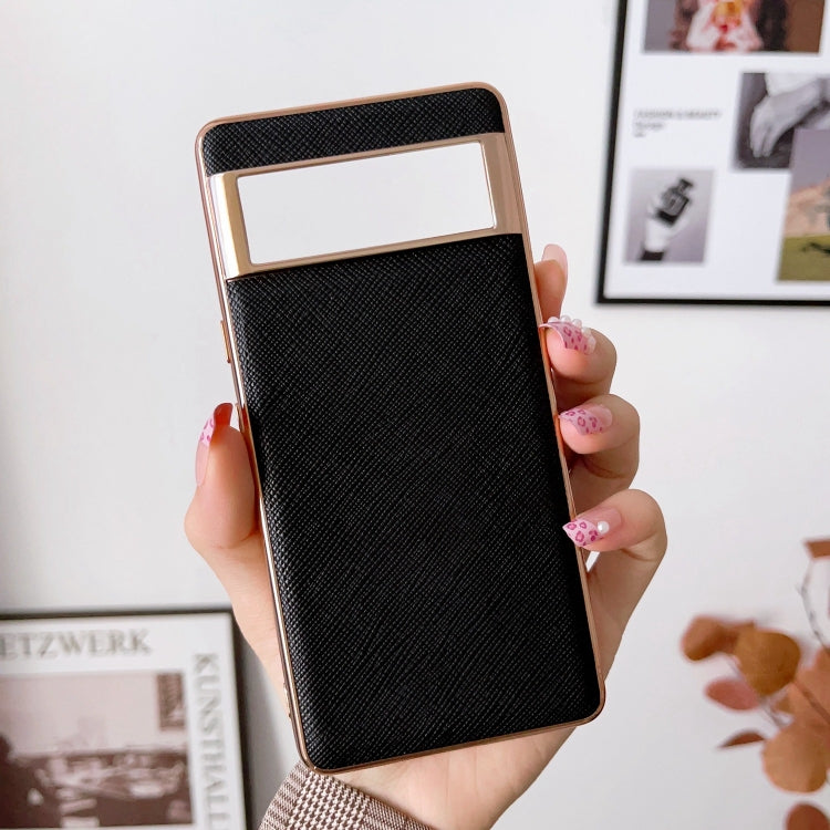 For Google Pixel 6 Nano Electroplating Cross Texture Genuine Leather Phone Case(Black) - Google Cases by PMC TechLife | Online Shopping South Africa | PMC TechLife | Buy Now Pay Later Mobicred