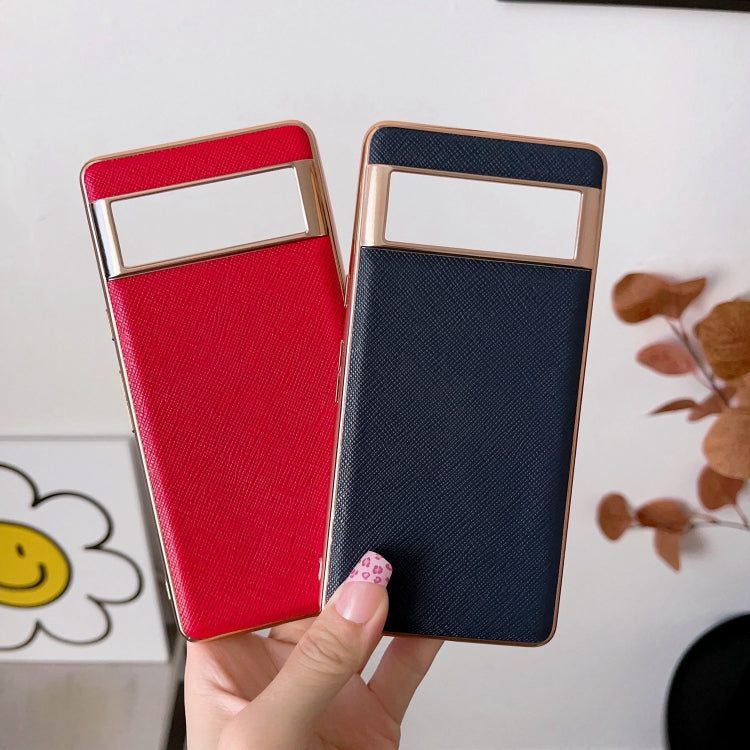 For Google Pixel 7 5G Nano Electroplating Cross Texture Genuine Leather Phone Case(Red) - Google Cases by PMC TechLife | Online Shopping South Africa | PMC TechLife | Buy Now Pay Later Mobicred