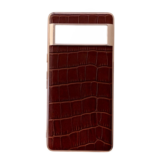 For Google Pixel 6 Crocodile Texture Genuine Leather Electroplating Phone Case(Brown) - Google Cases by PMC Jewellery | Online Shopping South Africa | PMC Jewellery | Buy Now Pay Later Mobicred