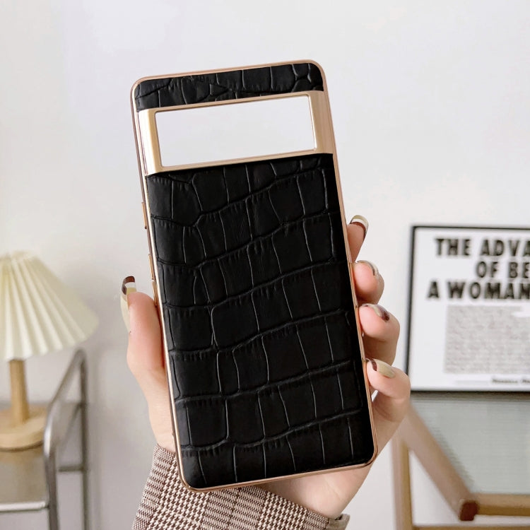 For Google Pixel 6a Crocodile Texture Genuine Leather Electroplating Phone Case(Black) - Google Cases by PMC TechLife | Online Shopping South Africa | PMC TechLife | Buy Now Pay Later Mobicred