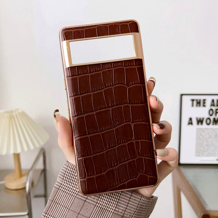 For Google Pixel 6a Crocodile Texture Genuine Leather Electroplating Phone Case(Brown) - Google Cases by PMC TechLife | Online Shopping South Africa | PMC TechLife | Buy Now Pay Later Mobicred