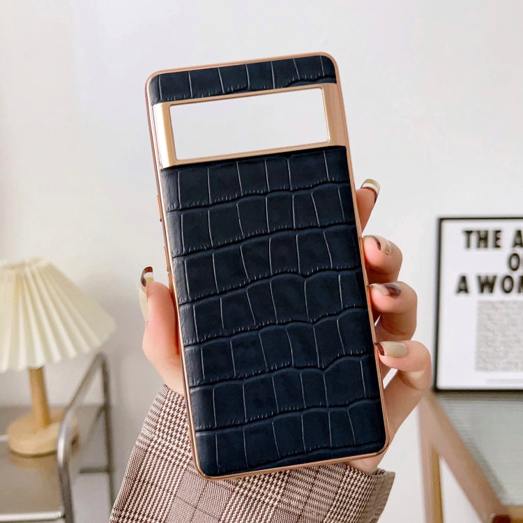 For Google Pixel 6a Crocodile Texture Genuine Leather Electroplating Phone Case(Blue) - Google Cases by PMC TechLife | Online Shopping South Africa | PMC TechLife | Buy Now Pay Later Mobicred