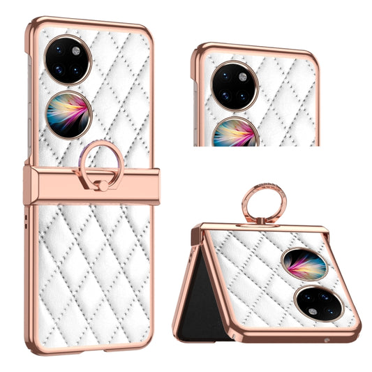 For Huawei P50 Pocket Grid Leather Pattern Electroplating Frame Folding Phone Case(White) - Huawei Cases by PMC Jewellery | Online Shopping South Africa | PMC Jewellery | Buy Now Pay Later Mobicred