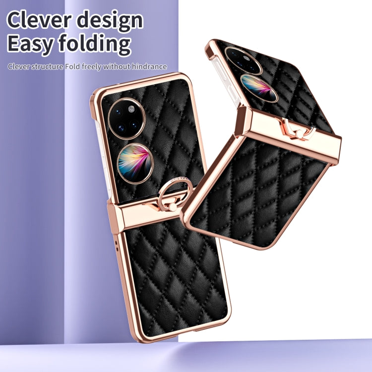 For Huawei P50 Pocket Grid Leather Pattern Electroplating Frame Folding Phone Case(Black) - Huawei Cases by PMC TechLife | Online Shopping South Africa | PMC TechLife | Buy Now Pay Later Mobicred