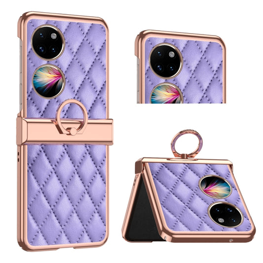 For Huawei P50 Pocket Grid Leather Pattern Electroplating Frame Folding Phone Case(Purple) - Huawei Cases by PMC Jewellery | Online Shopping South Africa | PMC Jewellery | Buy Now Pay Later Mobicred