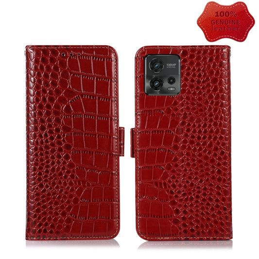 For Motorola Moto G72 Magnetic Crocodile Texture Genuine Leather RFID Phone Case(Red) - Motorola Cases by PMC Jewellery | Online Shopping South Africa | PMC Jewellery | Buy Now Pay Later Mobicred