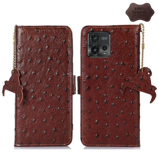 For Motorola Moto G72 4G Ostrich Pattern Genuine Leather RFID Phone Case(Coffee) - Motorola Cases by PMC Jewellery | Online Shopping South Africa | PMC Jewellery | Buy Now Pay Later Mobicred