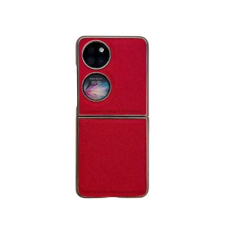 For Huawei P50 Pocket Nano Electroplating Cross Texture Genuine Leather Phone Case(Red) - Huawei Cases by PMC TechLife | Online Shopping South Africa | PMC TechLife | Buy Now Pay Later Mobicred
