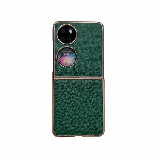 For Huawei P50 Pocket Nano Electroplating Cross Texture Genuine Leather Phone Case(Green) - Huawei Cases by PMC Jewellery | Online Shopping South Africa | PMC Jewellery | Buy Now Pay Later Mobicred