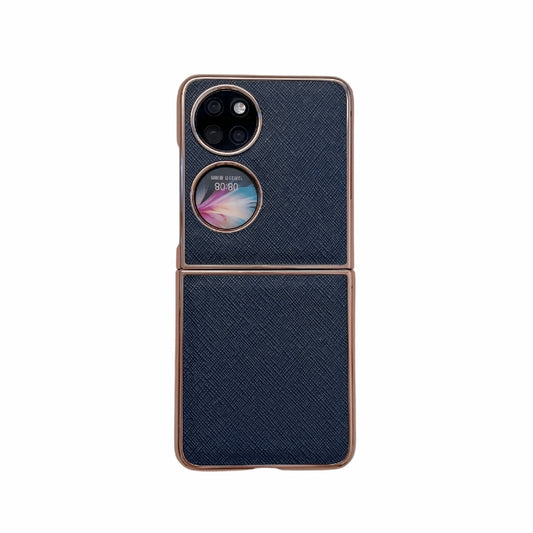 For Huawei P50 Pocket Nano Electroplating Cross Texture Genuine Leather Phone Case(Blue) - Huawei Cases by PMC Jewellery | Online Shopping South Africa | PMC Jewellery | Buy Now Pay Later Mobicred