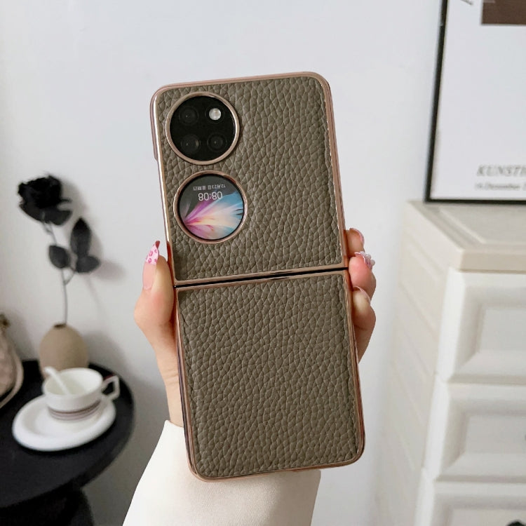 For Huawei P50 Pocket Nano Electroplating Litchi Texture Genuine Leather Phone Case(Grey) - Huawei Cases by PMC TechLife | Online Shopping South Africa | PMC TechLife | Buy Now Pay Later Mobicred