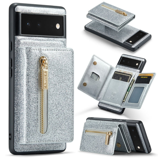 For Google Pixel 6 DG.MING M3 Series Glitter Powder Card Bag Leather Case(Silver) - Google Cases by DG.MING | Online Shopping South Africa | PMC Jewellery | Buy Now Pay Later Mobicred