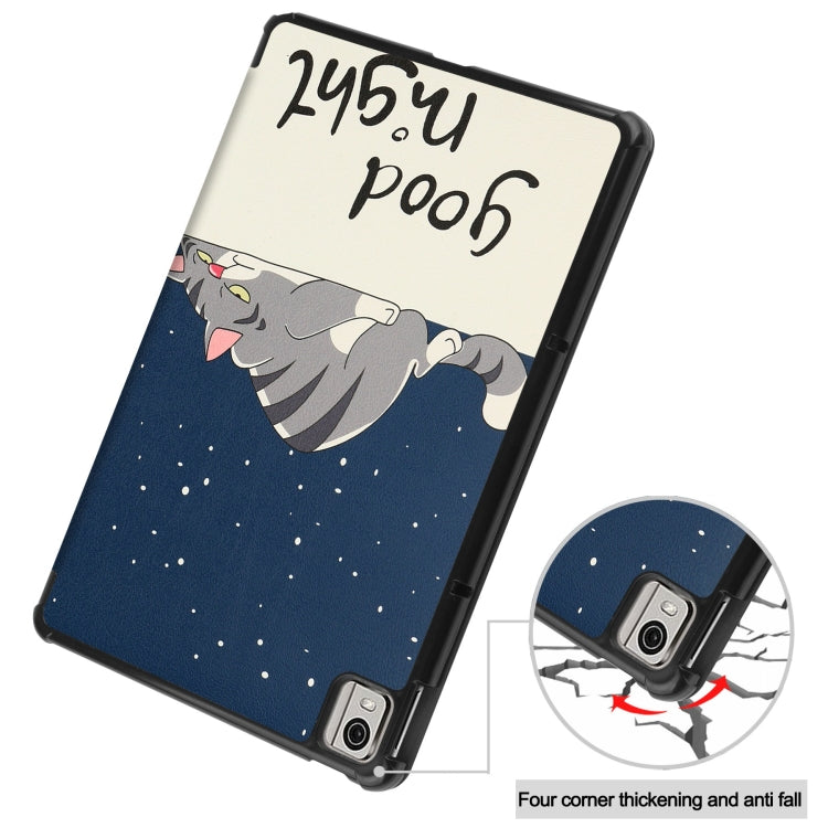 For Nokia T21 Custer Painted 3-Fold Holder Leather Smart Tablet Case(Lazy Cat) - Nokia by PMC TechLife | Online Shopping South Africa | PMC TechLife | Buy Now Pay Later Mobicred