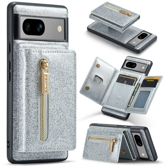 For Google Pixel 7A DG.MING M3 Series Glitter Powder Card Bag Leather Case(Silver) - Google Cases by DG.MING | Online Shopping South Africa | PMC Jewellery | Buy Now Pay Later Mobicred