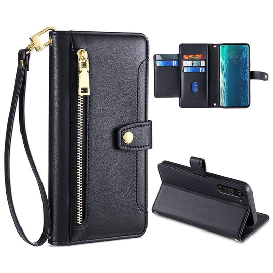 For Motorola Edge Sheep Texture Cross-body Zipper Wallet Leather Phone Case(Black) - Motorola Cases by PMC Jewellery | Online Shopping South Africa | PMC Jewellery | Buy Now Pay Later Mobicred