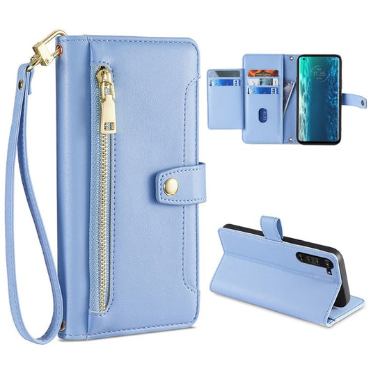 For Motorola Edge Sheep Texture Cross-body Zipper Wallet Leather Phone Case(Blue) - Motorola Cases by PMC Jewellery | Online Shopping South Africa | PMC Jewellery | Buy Now Pay Later Mobicred