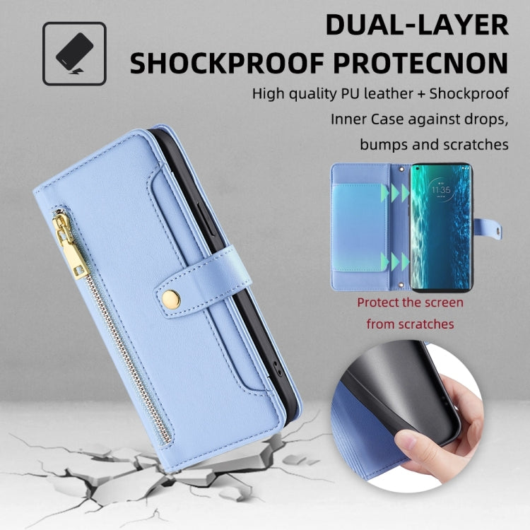 For Motorola Edge Sheep Texture Cross-body Zipper Wallet Leather Phone Case(Blue) - Motorola Cases by PMC TechLife | Online Shopping South Africa | PMC TechLife | Buy Now Pay Later Mobicred