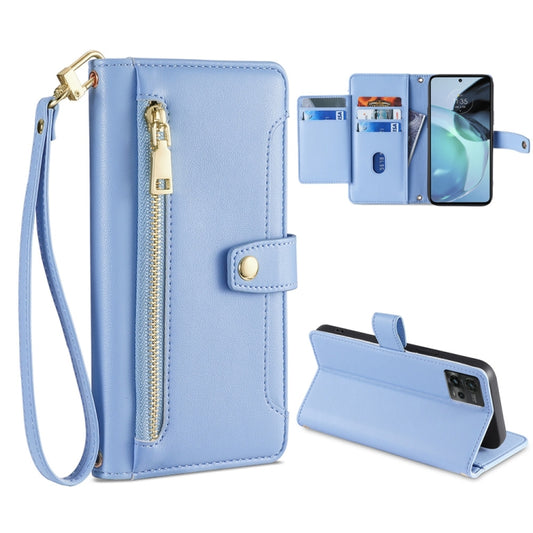 For Motorola Moto G72 4G Sheep Texture Cross-body Zipper Wallet Leather Phone Case(Blue) - Motorola Cases by PMC Jewellery | Online Shopping South Africa | PMC Jewellery | Buy Now Pay Later Mobicred