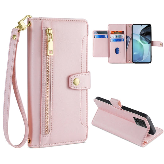 For Motorola Moto G72 4G Sheep Texture Cross-body Zipper Wallet Leather Phone Case(Pink) - Motorola Cases by PMC Jewellery | Online Shopping South Africa | PMC Jewellery | Buy Now Pay Later Mobicred