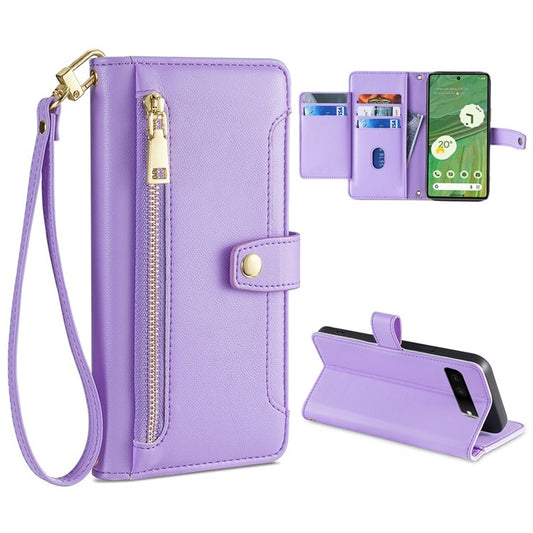 For Google Pixel 7 5G Sheep Texture Cross-body Zipper Wallet Leather Phone Case(Purple) - Google Cases by PMC Jewellery | Online Shopping South Africa | PMC Jewellery | Buy Now Pay Later Mobicred