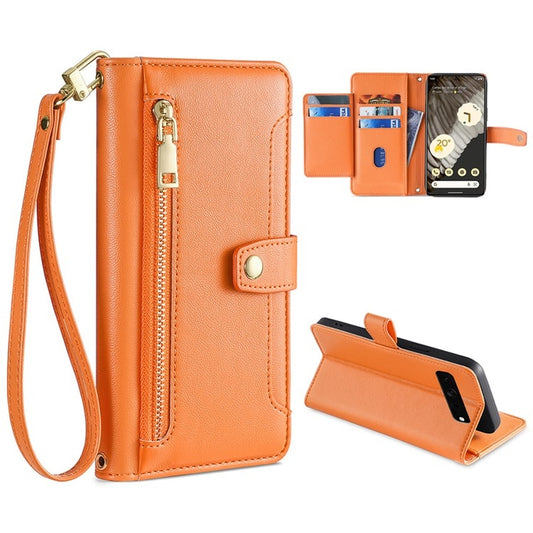 For Google Pixel 7 Pro Sheep Texture Cross-body Zipper Wallet Leather Phone Case(Orange) - Google Cases by PMC Jewellery | Online Shopping South Africa | PMC Jewellery | Buy Now Pay Later Mobicred