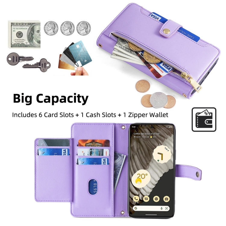 For Google Pixel 7 Pro Sheep Texture Cross-body Zipper Wallet Leather Phone Case(Purple) - Google Cases by PMC TechLife | Online Shopping South Africa | PMC TechLife | Buy Now Pay Later Mobicred