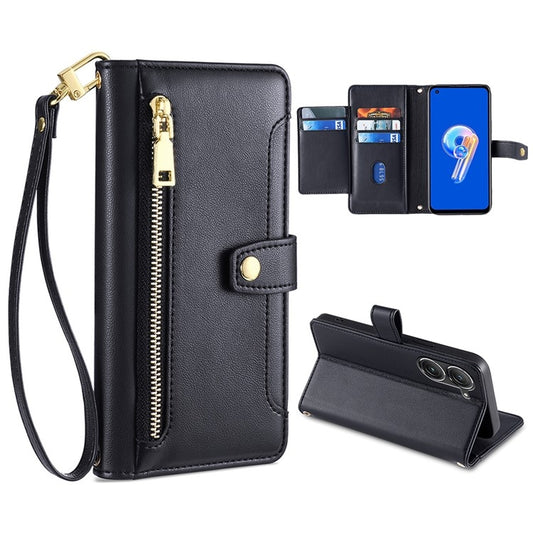 For ASUS Zenfone 9 / Zenfone 9Z Sheep Texture Cross-body Zipper Wallet Leather Phone Case(Black) - ASUS Cases by PMC Jewellery | Online Shopping South Africa | PMC Jewellery | Buy Now Pay Later Mobicred