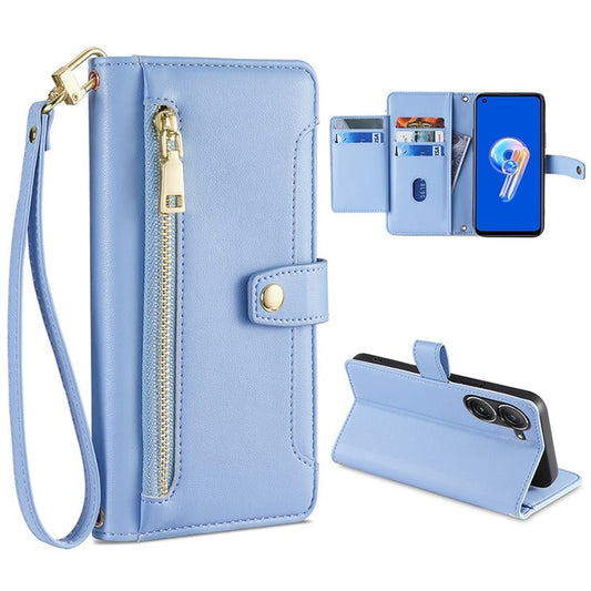 For ASUS Zenfone 9 / Zenfone 9Z Sheep Texture Cross-body Zipper Wallet Leather Phone Case(Blue) - ASUS Cases by PMC Jewellery | Online Shopping South Africa | PMC Jewellery | Buy Now Pay Later Mobicred