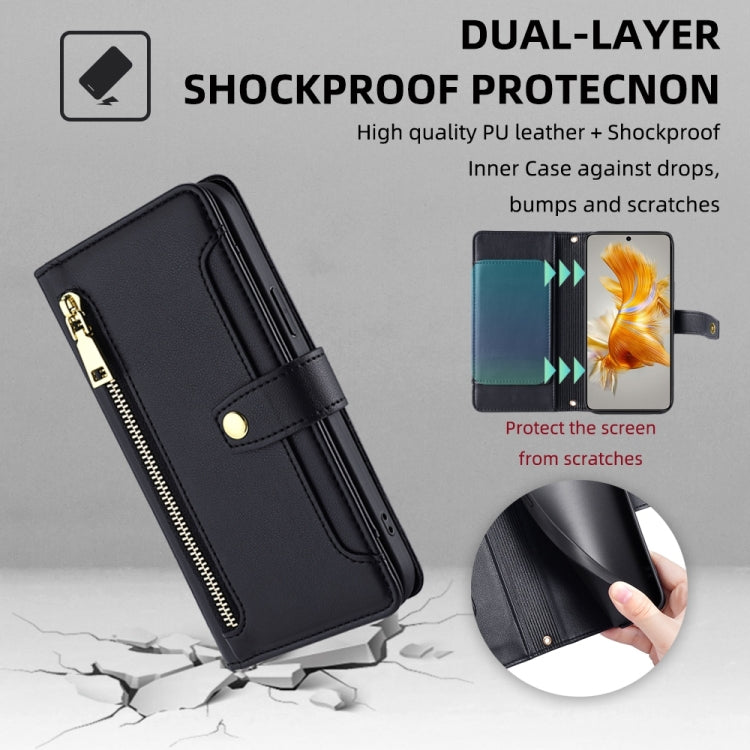 For Huawei Mate 50 Sheep Texture Cross-body Zipper Wallet Leather Phone Case(Black) - Huawei Cases by PMC TechLife | Online Shopping South Africa | PMC TechLife | Buy Now Pay Later Mobicred