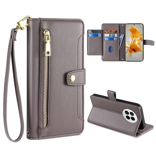 For Huawei Mate 50 Sheep Texture Cross-body Zipper Wallet Leather Phone Case(Grey) - Huawei Cases by PMC Jewellery | Online Shopping South Africa | PMC Jewellery | Buy Now Pay Later Mobicred