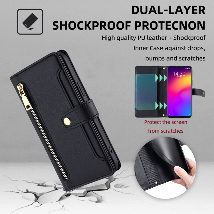 For Meizu Note 9 Sheep Texture Cross-body Zipper Wallet Leather Phone Case(Black) - Meizu by PMC TechLife | Online Shopping South Africa | PMC TechLife | Buy Now Pay Later Mobicred