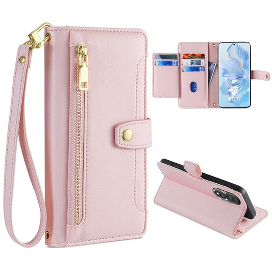 For Honor 80 Sheep Texture Cross-body Zipper Wallet Leather Phone Case(Pink) - Honor Cases by PMC Jewellery | Online Shopping South Africa | PMC Jewellery | Buy Now Pay Later Mobicred