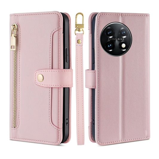 For OnePlus 11 Sheep Texture Cross-body Zipper Wallet Leather Phone Case(Pink) - OnePlus Cases by PMC Jewellery | Online Shopping South Africa | PMC Jewellery | Buy Now Pay Later Mobicred