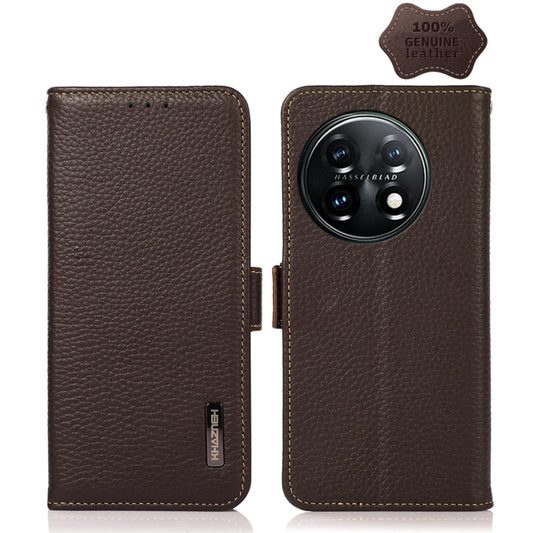 For OnePlus 11 KHAZNEH Side-Magnetic Litchi Genuine Leather RFID Phone Case(Brown) - OnePlus Cases by PMC Jewellery | Online Shopping South Africa | PMC Jewellery | Buy Now Pay Later Mobicred