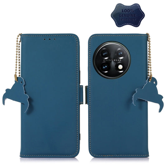 For OnePlus 11 Genuine Leather Magnetic RFID Leather Phone Case(Blue) - OnePlus Cases by PMC Jewellery | Online Shopping South Africa | PMC Jewellery | Buy Now Pay Later Mobicred