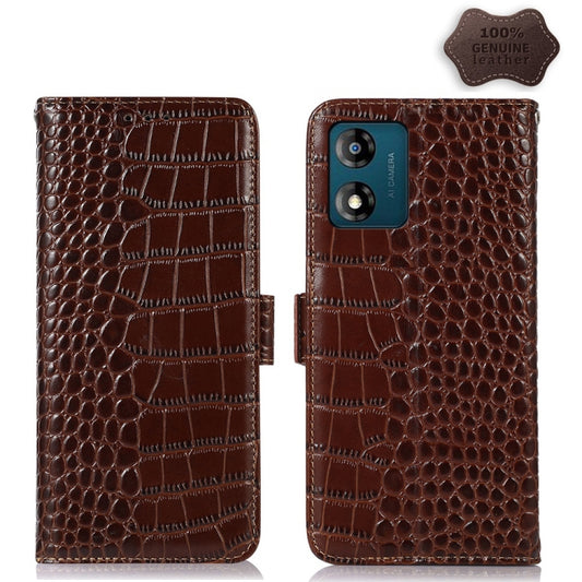 For Motorola Moto E13 4G 2023 Crocodile Top Layer Cowhide RFID Leather Phone Case(Brown) - Motorola Cases by PMC Jewellery | Online Shopping South Africa | PMC Jewellery | Buy Now Pay Later Mobicred