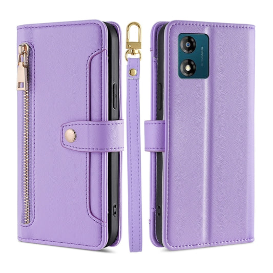 For Motorola Moto E13 4G Sheep Texture Cross-body Zipper Wallet Leather Phone Case(Purple) - Motorola Cases by PMC Jewellery | Online Shopping South Africa | PMC Jewellery | Buy Now Pay Later Mobicred