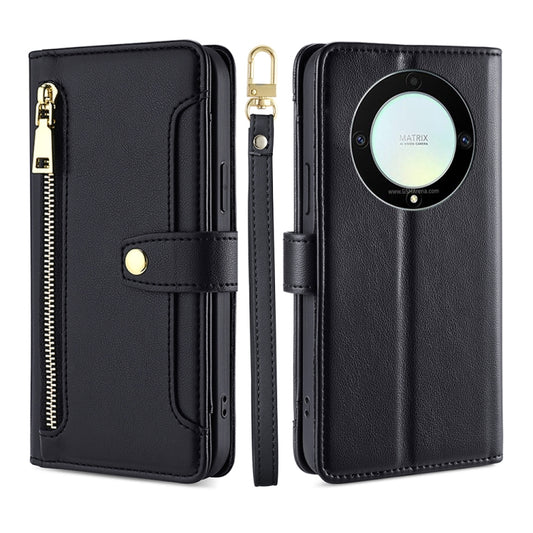 For Honor X9a 5G Sheep Texture Cross-body Zipper Wallet Leather Phone Case(Black) - Honor Cases by PMC Jewellery | Online Shopping South Africa | PMC Jewellery | Buy Now Pay Later Mobicred