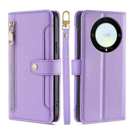 For Honor X9a 5G Sheep Texture Cross-body Zipper Wallet Leather Phone Case(Purple) - Honor Cases by PMC Jewellery | Online Shopping South Africa | PMC Jewellery | Buy Now Pay Later Mobicred