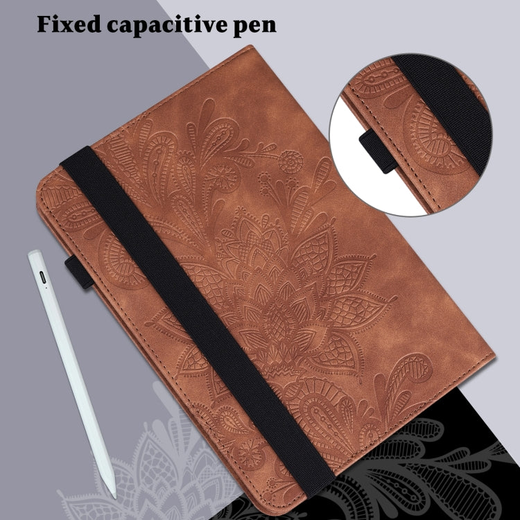 For Lenovo Tab M8 4th Gen Lace Flower Embossing Pattern Leather Tablet Case(Brown) - Lenovo by PMC TechLife | Online Shopping South Africa | PMC TechLife | Buy Now Pay Later Mobicred